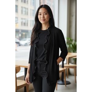 Neiman Marcus Sweater women's M Open Ruffle Front Cardigan Leather Trim 3/4 Slev